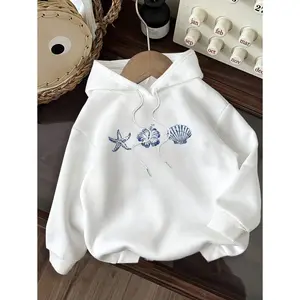 Minimalist Starfish Printed Hooded Long Sleeve Loose Fit Thickened Sweatshirt For Women Summer Hoodie Cute Hoodies Seashell Hoodie Starfish Hoodie Hibiscus Hoodie,Back To School Autumn And Winter