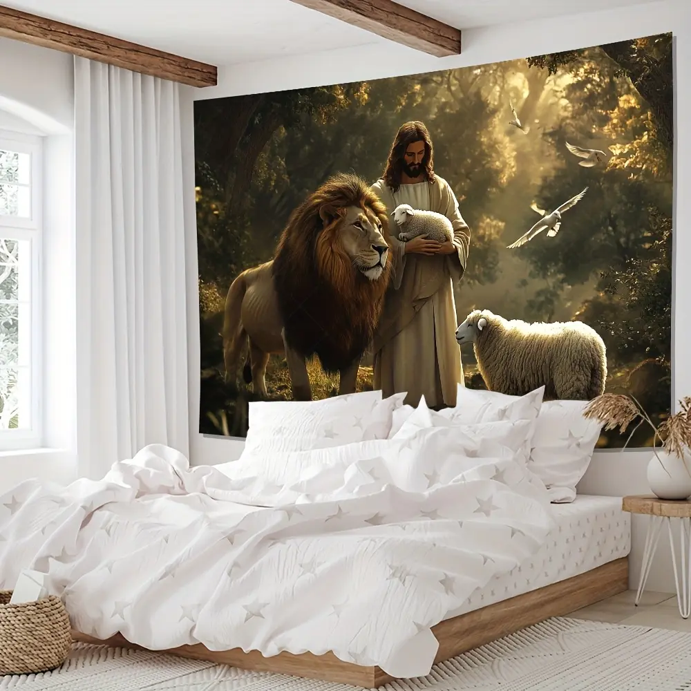 Modern Polyester Christian Motif Decorative Art Tapestry - Jesus with Lion & Lamb for Peace, Reusable Indoor/Outdoor Home Decor, Unique Gift, High-Quality Print for Art Collectors, Decorative Art Tapestries