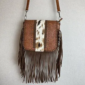 Cowhide printed flower pattern western shoulder bag fringe crossbody bag