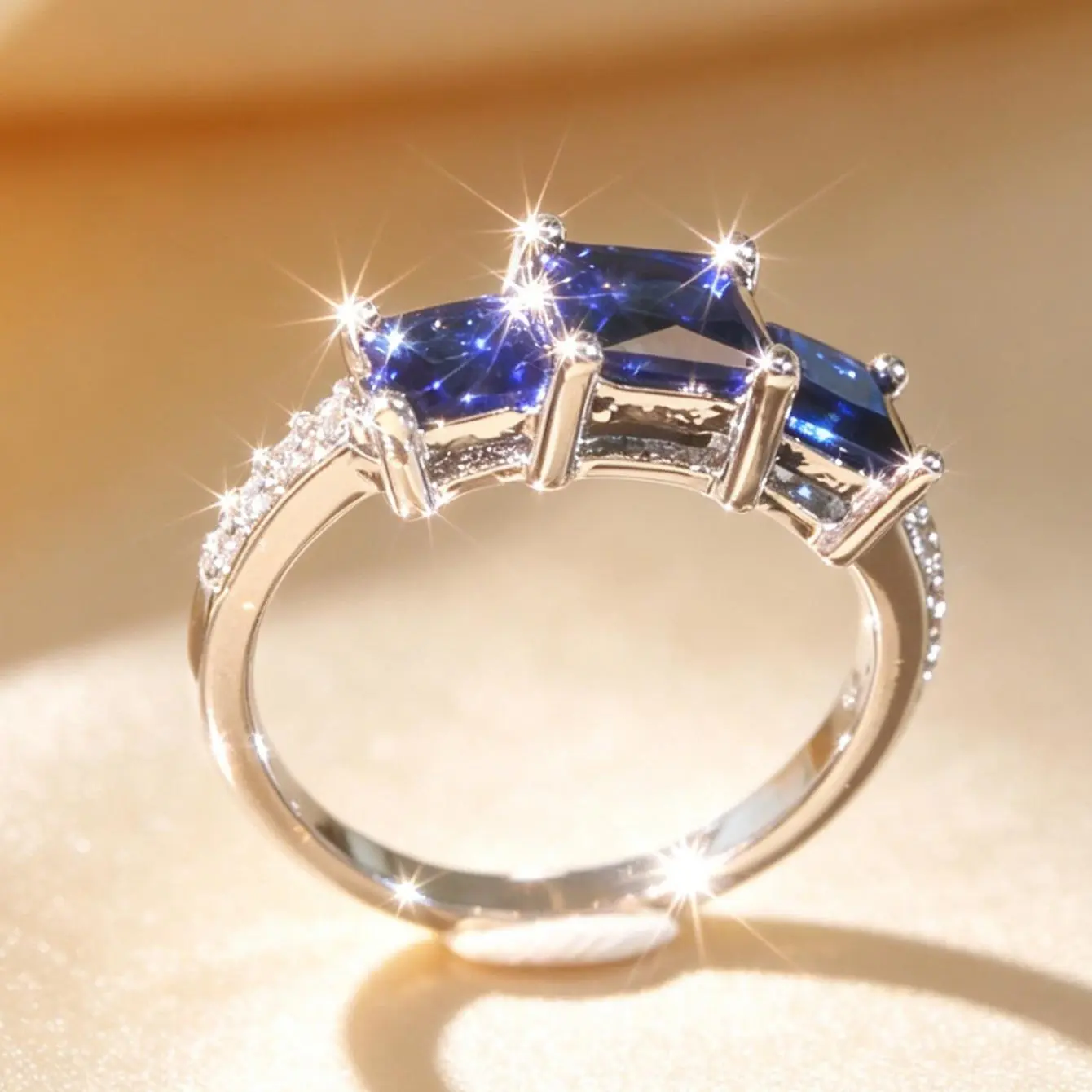 Vintage 3 Stone Princess Cut Blue Ring Side Paved White Cubic  Silver Plated Engagement Promise Wedding Band Luxury Cocktail Statement Jewelry Gift For Women Wife Girlfriend Birthday Anniversary Valentine Christmas