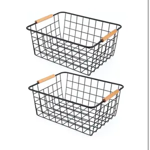 Wire Basket 2 Pcs Wire Storage Baskets Wire Baskets Organizing with Wooden Handles Wire Basket Pantry Organization and Storage Metal Wire Food Storage Basket for Kitchen, Cabinets (Black 2PCS)