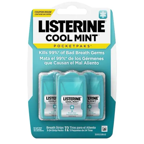 LISTERINE PocketPaks Cool Mint Breath Strips, Sugar-Free Antibacterial Oral Care, Convenient Value Pack, 72 Strips (3 Packs of 24), On-The-Go Menthol, 99% Germ Fight, Bad Breath Kill, Clean Fresh Mouth Care for Youth