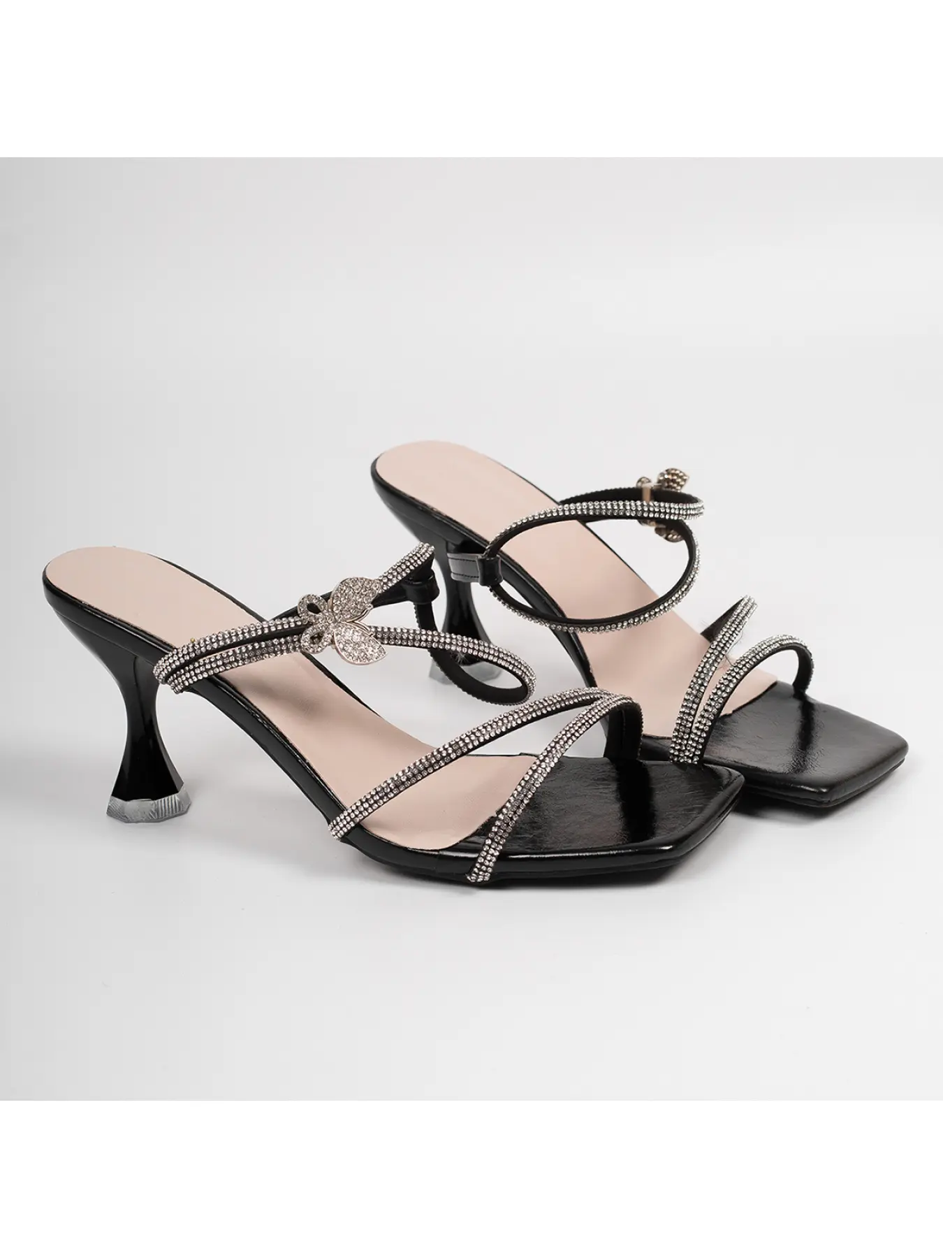 Summer New Crystal Bow Strappy High Heel Sandals for Women, Western-Style Open-Toe Ankle Strap Pumps, Comfortable Sandals for Dating and Parties, Versatile Wine Glass Heels