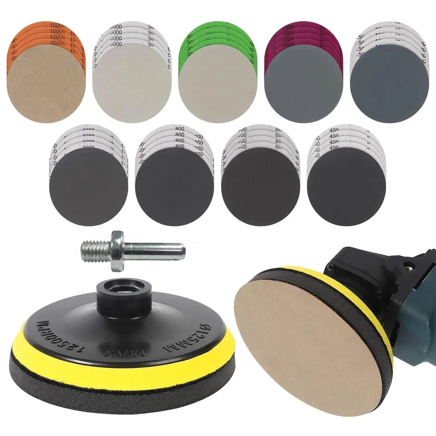 [Summervibes] 45Pcs/Set 5 Inch Wet Dry Sanding Discs Kit with Hook and Loop Backing Pad 5/8-11,Angle Grinder Drill Sanding Attachment,Sander for Drill 400 to 5000 Grits Sandpaper for Wood Metal Car,Tools&Hardware
