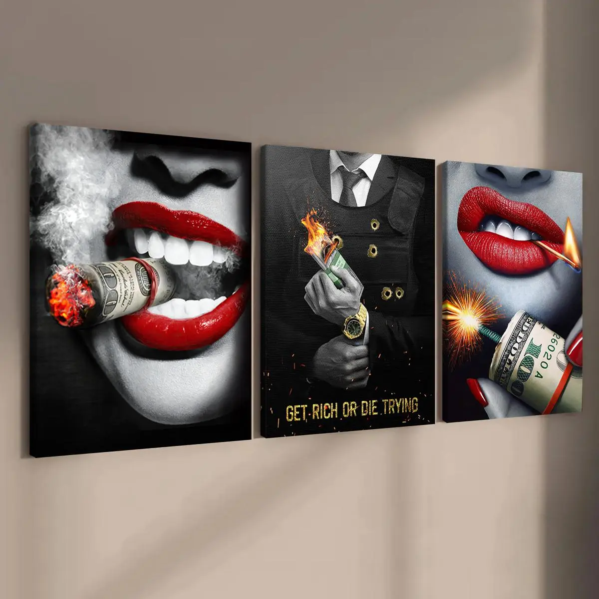 Wooden Framed Canvas Painting, 3 Counts/set Get Rich Or Die Trying Themed Money Wall Art Canvas Poster, Modern Art Wall Decorations Dopamine Decor Above Bed Wall Decor for Home Office Dining Room Coffee Shop