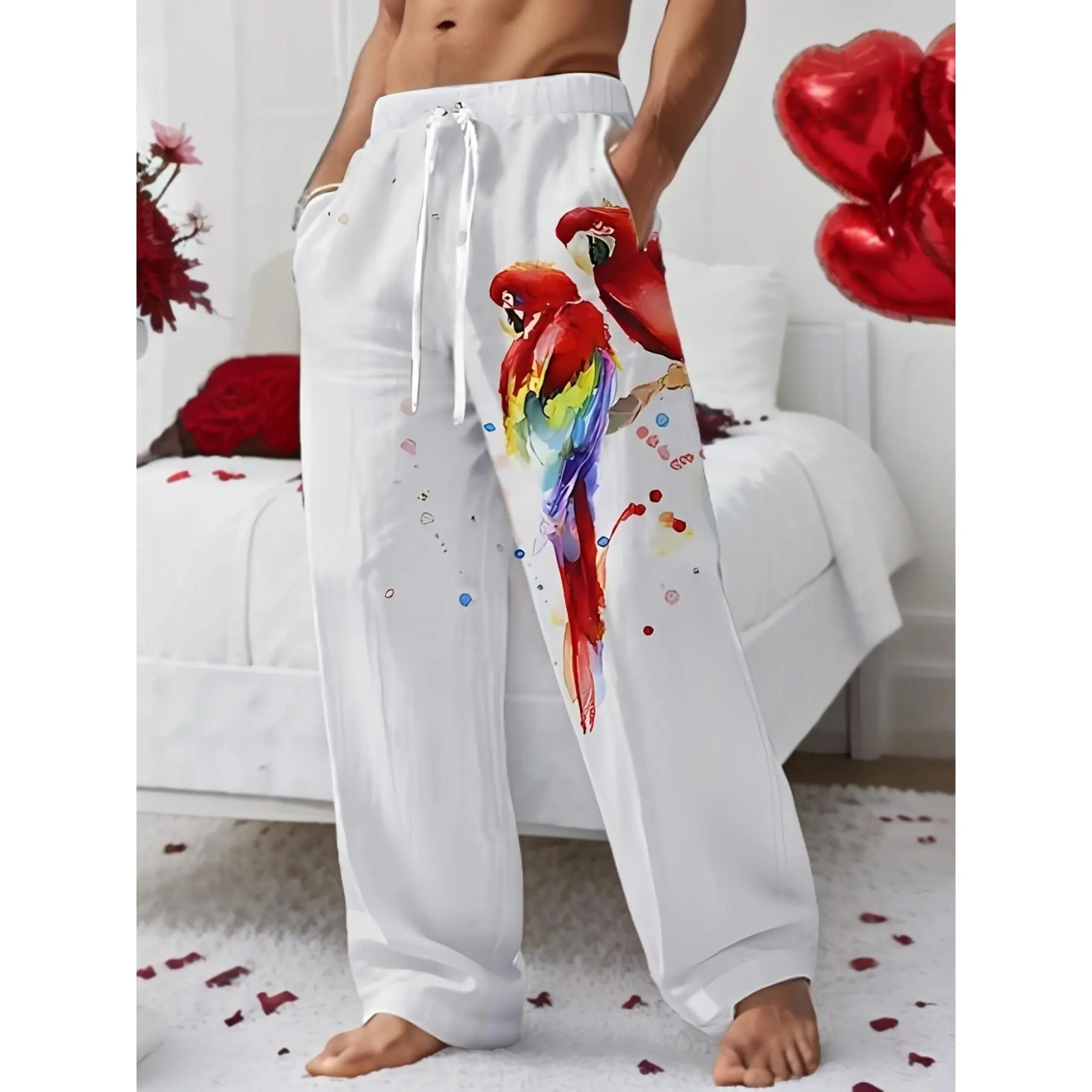 Men's Parrot Print Beach Trousers - Menswear, Lightweight, Mixed Color Animals Design, Drawstring Waist, Loose Fit, Non-Stretch Polyester Fabric, Machine Washable, Casual Novelty Pants