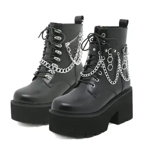 s Women's Chains Lace up Studded Motorcycle Combat Short Boots Round Toe Side Zipper Black Gothic BootsGiftGift