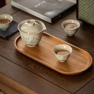 1pc Teak Tray, Breakfast Tray, Coffee Tray, Bathroom Tray, Tea Tray, Rectangular Tray with Groove Handle, Kitchen Storage Tray
