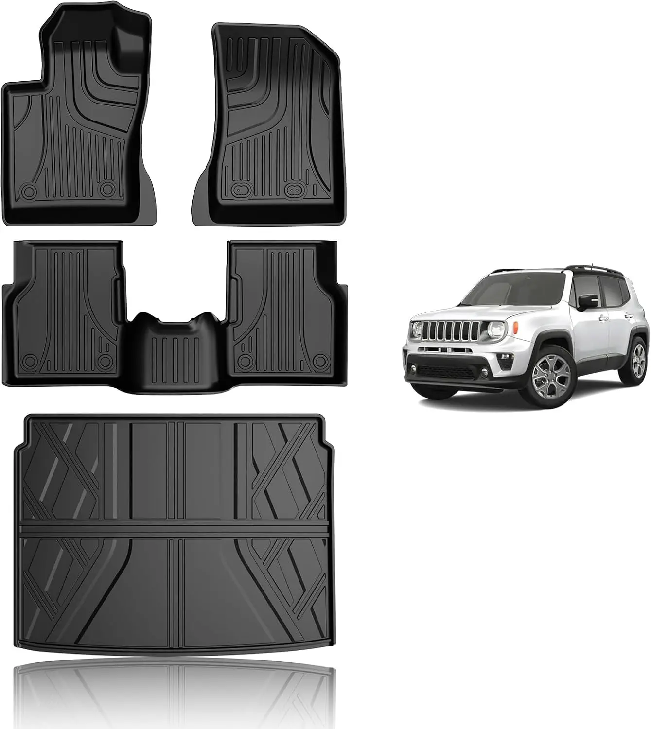 AOMSAZTO Full Set Custom Floor Mats & Cargo Liner for 2015-2023 Renegade, All-Weather 1st-2nd Row Liners, High-Hemmed Black Heavy-Duty Trunk Mat, Mud Protection, 1-Person Install Car Interior Accessory, One-Person Install