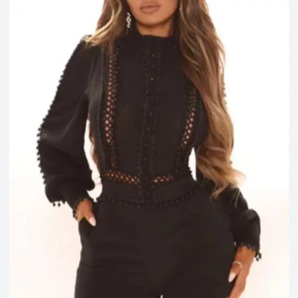 Women's Black Pearled Long-Sleeve Fitted Romper Jumpsuit - Comfortable and Confident, Durable and Long-Lasting 1-Piece for Formal Evening Parties