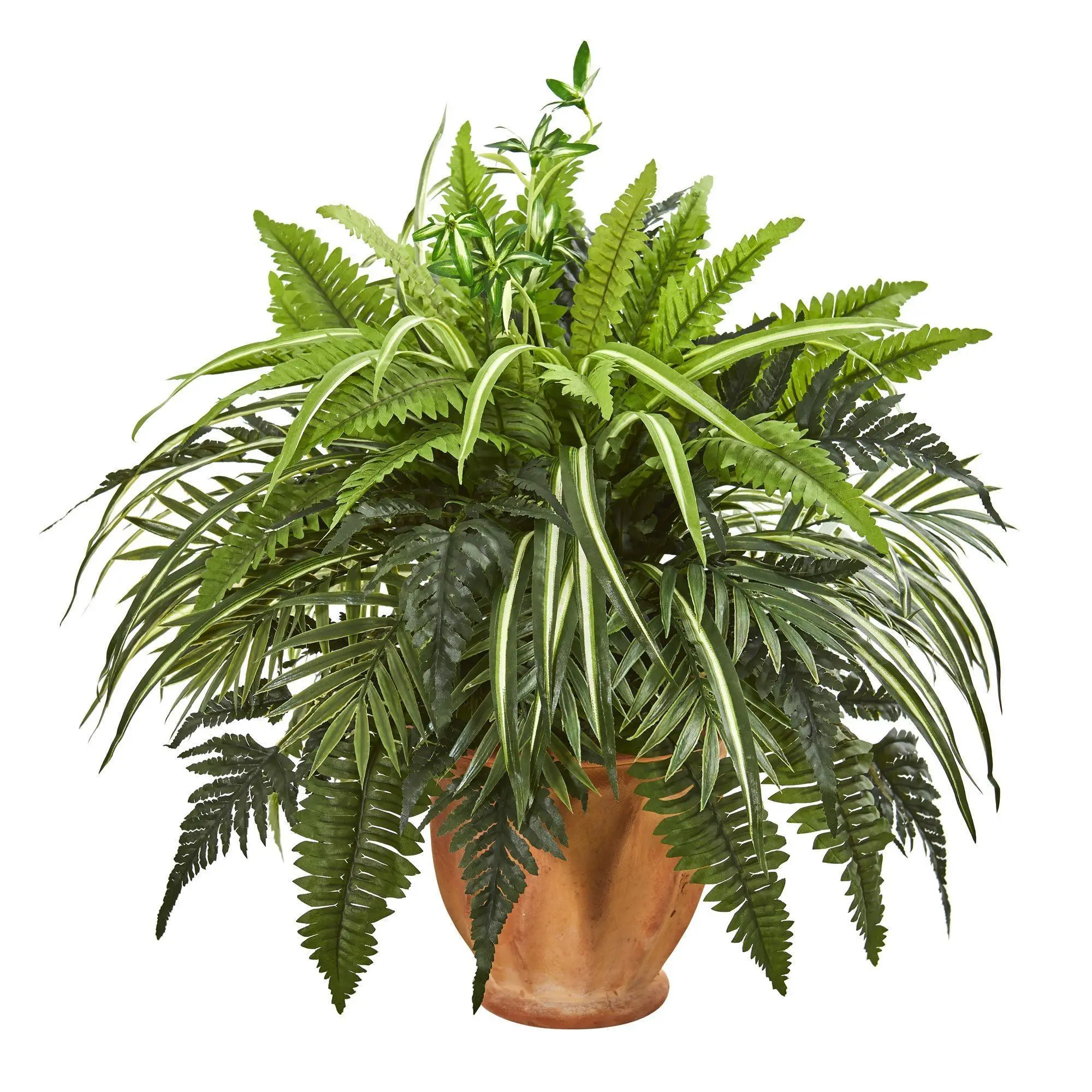 23 in Decorative Artificial Mixed Greens and Fern Plant in Terra Cotta Planter - Natural Look Plant Decor, Home Decor Centerpiece for Dining Room Tabletop Display, Table Center