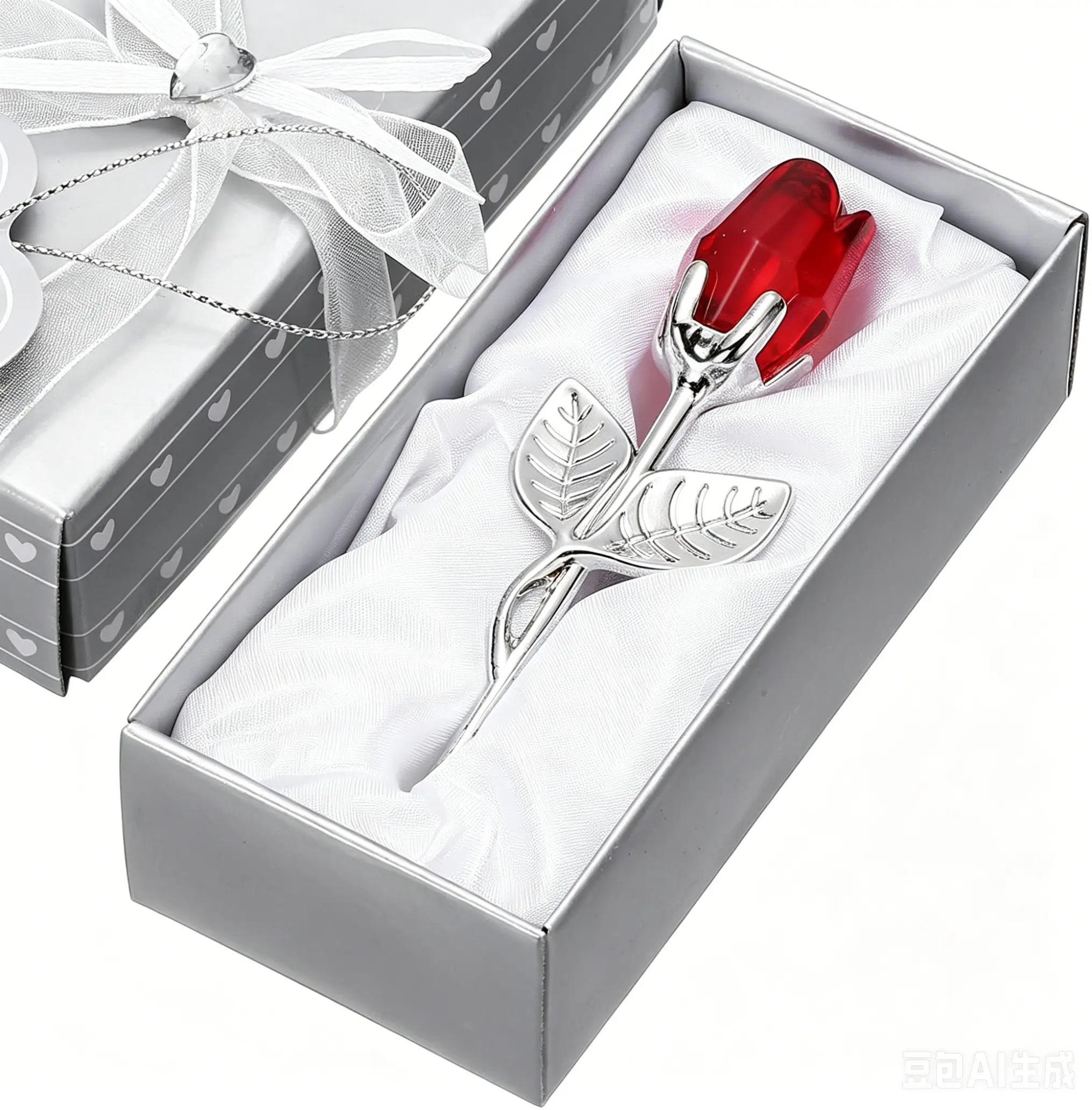 Preserved Red Crystal Decorative Flowers with Silver Stems - Polished, Bubble-Free Artificial Ornaments, Elegant Home & Desk Decor, Thoughtful Holiday/Proposal Gifts in a Box, Ideal Gifts for Your Girlfriend