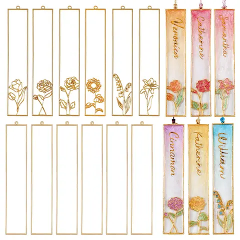 LET'S RESIN 12pcs Durable Gold Zinc Alloy Open Frame Metal Bookmark Bezels - 6 Blank + 6 Floral, Pre-Punched Tassels, UV Resin Molds for Elegant DIY Handmade Craft Supplies, Craft Fairs Office Stationery (Tape Not Included)