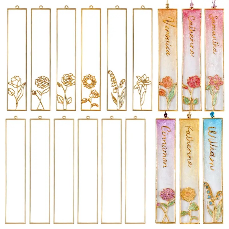 LET'S RESIN 12pcs Durable Gold Zinc Alloy Open Frame Metal Bookmark Bezels - 6 Blank + 6 Floral, Pre-Punched Tassels, UV Resin Molds for Elegant DIY Handmade Craft Supplies, Craft Fairs Office Stationery (Tape Not Included)