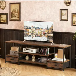63" TV Stand for 75" TVs, Media Console with Built-In USB, Type-C & AC Charging Station, Entertainment Center with Storage Shelves and Fabric Drawers, Rustic Brown