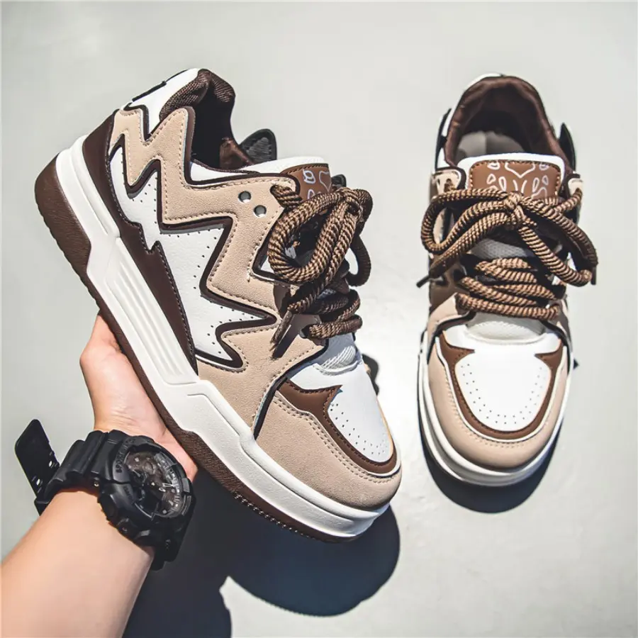 Men's Chunky Sneakers - Low Top, Thick Sole, Non-Slip Casual Footwear with Lightweight PU Upper, Mesh, PVC for Running, Training