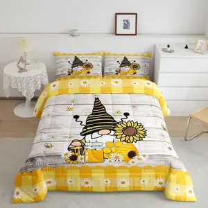 Bee Gnome Comforter Set,Sunflower Daisy Floral Bedding Set,Honeycomb Honey Can Duvet Set,Home Room Decor Yellow Farm Cartoon Soft Down Comforter