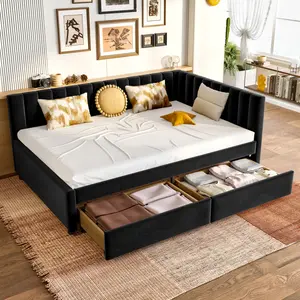 Full Size Daybed with Storage Drawers Upholstered Platform Corner Bed with L Shaped Headboard Velvet Sofa Daybed Frame for Living Room Guest Room, Black