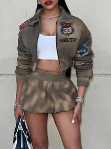 Women's Tie Dye Print Crop Jacket & Elastic Waist Skirt Set, Casual Fashion Drop Shoulder Long Sleeve Outerwear & High Waist Skirt for Daily Outdoor Wear, Two Piece Set Women, Ladies Spring Fall Clothes, Women's 2 Piece Sets