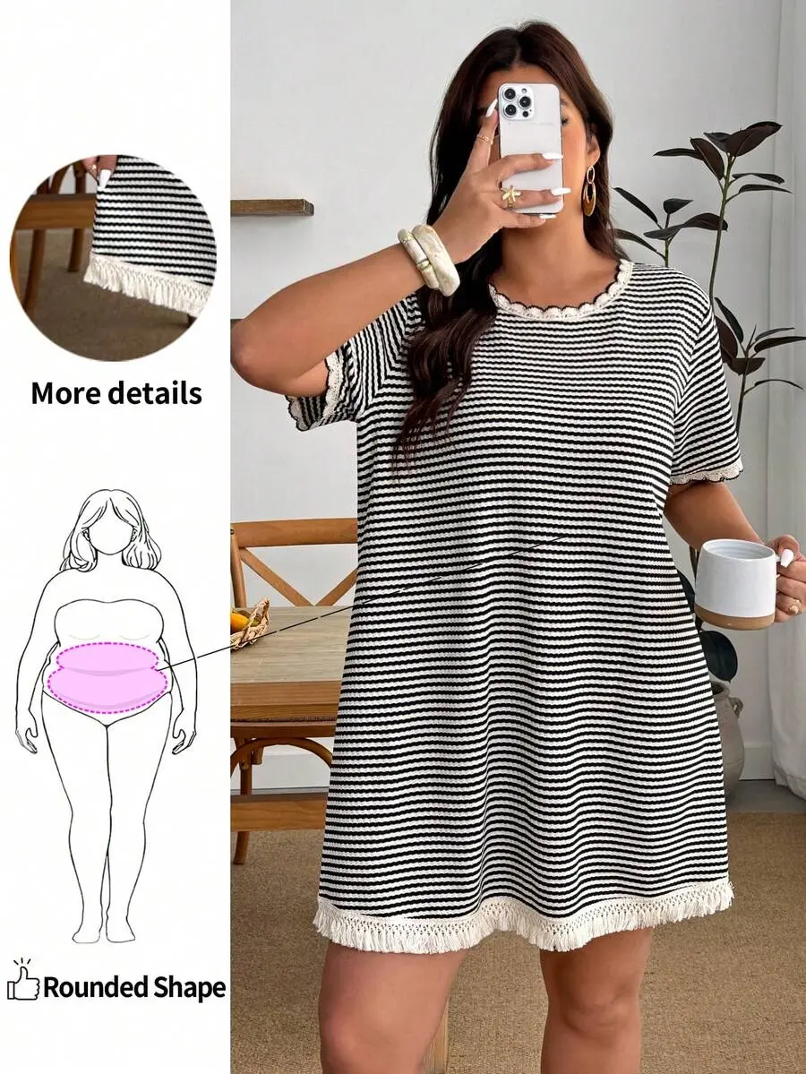 Enliva Plus-Size Women's Casual Elegant Western Filipiniana Black And White Loose Round Neck T-Shirt Dress, A Versatile Summer Vacation Brunch Office