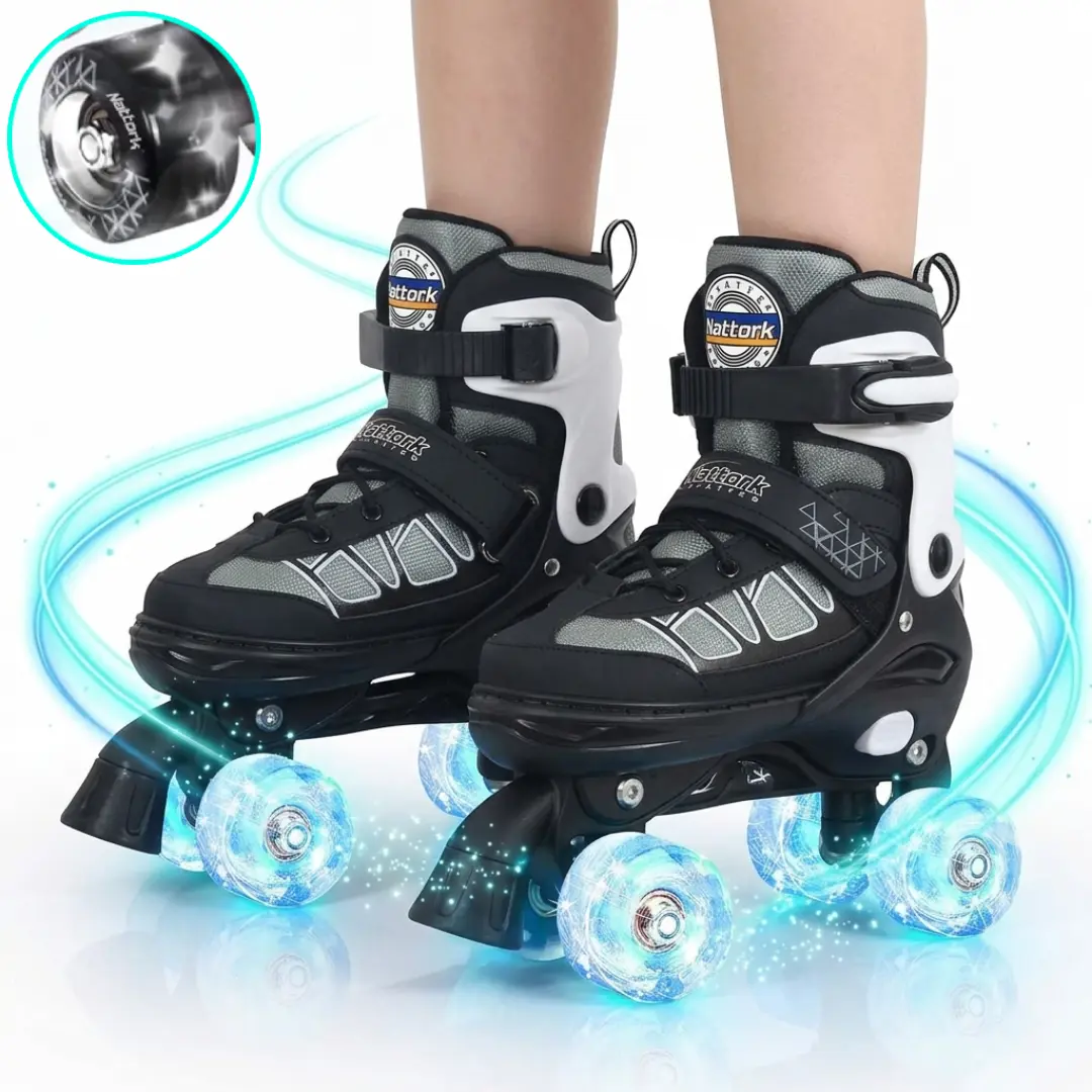 Kids Beginner Quad Roller Skates, 4 Size Adjustable, Light-Up PU Wheels, Triple Safety Protection, ABEC-7 Bearings, Stable Balance Trainer, Indoor Outdoor Sports Toy for Boys Girls