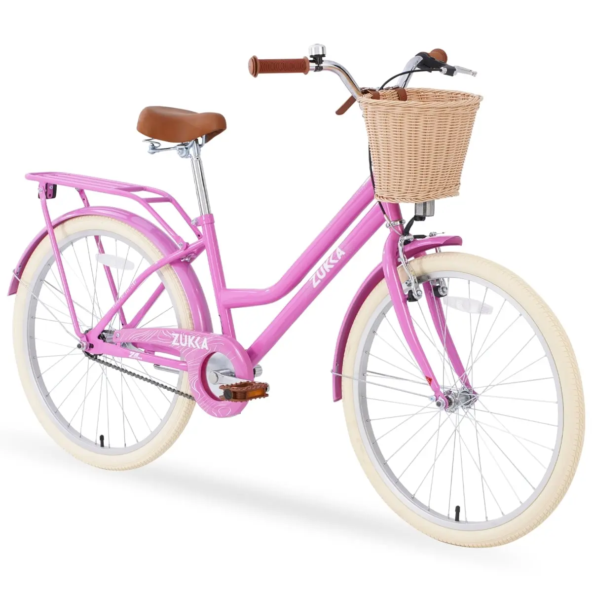 ZUKKA Women's & Girls' 24-Inch Beach Cruiser Bike (Ages 10+), Pink Steel Frame, Single Speed, Rear Rack, Exquisite Basket