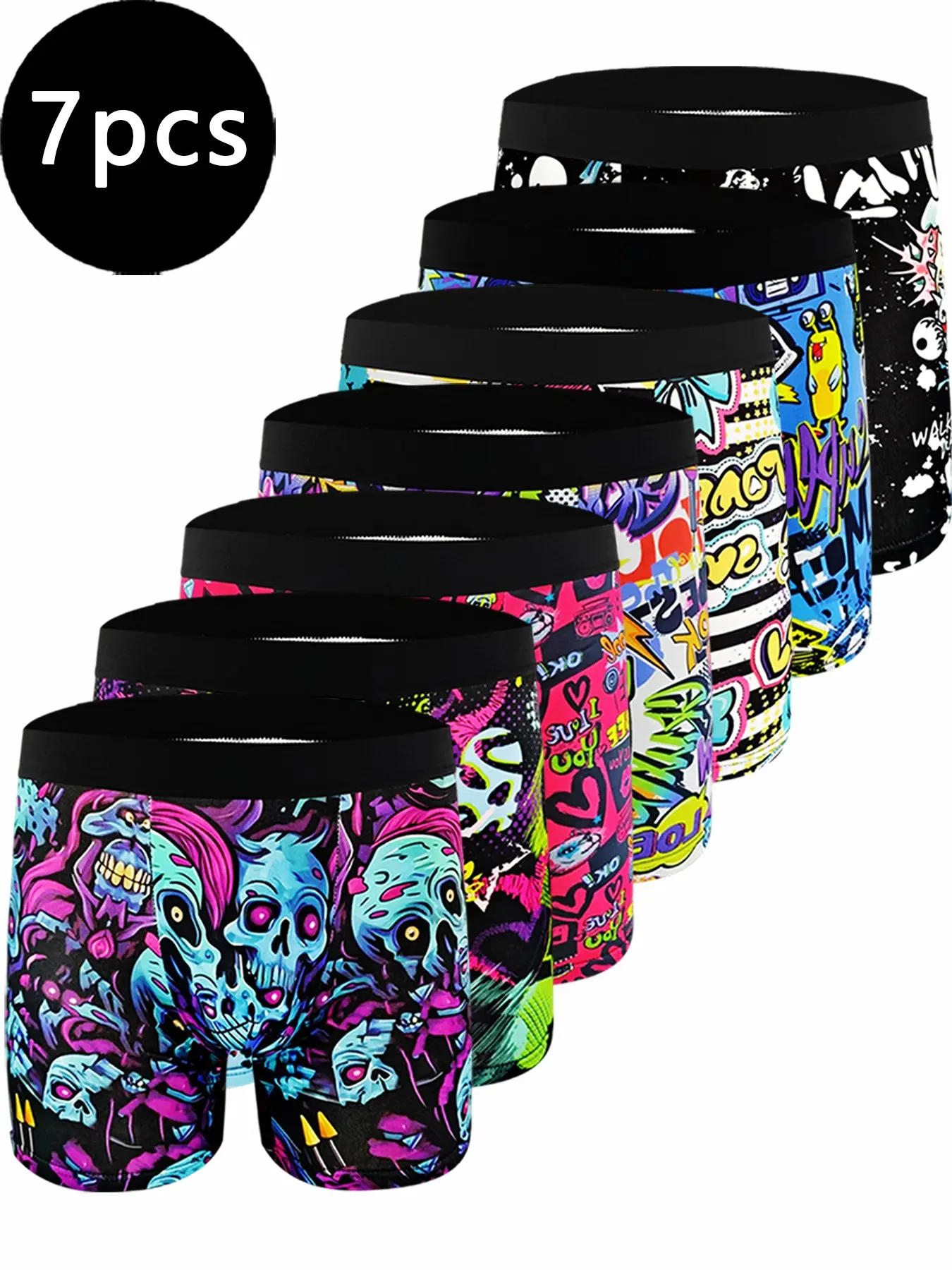 New 7-Pack Thin Men's Long Boxer Briefs Set, Casual Comfortable Breathable Printed Graffiti Underwear for Cycling, Running and Training, Underwear Boxers Set