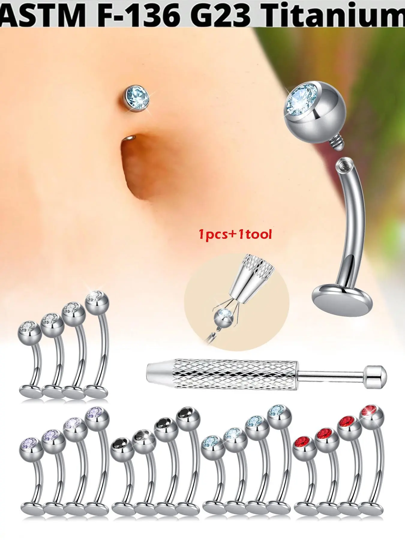 1 piece Titanium Zirconia Internally Threaded Floating Navel Ring, Stylish Flat Rhinestone Belly Button Ring, Navel Barbell 8/10/12/14mm, 14G Body Piercing Jewelry, Unisex, Wearable Jewelry, Body Jewellery