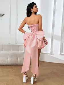 Women's Summer Sweet Elegant Feminine Chic Formal Sleeveless Large Bow Flower Bud Halter Dress, Perfect for Dates, Parties, Gatherings, All Seasons Fitted Style