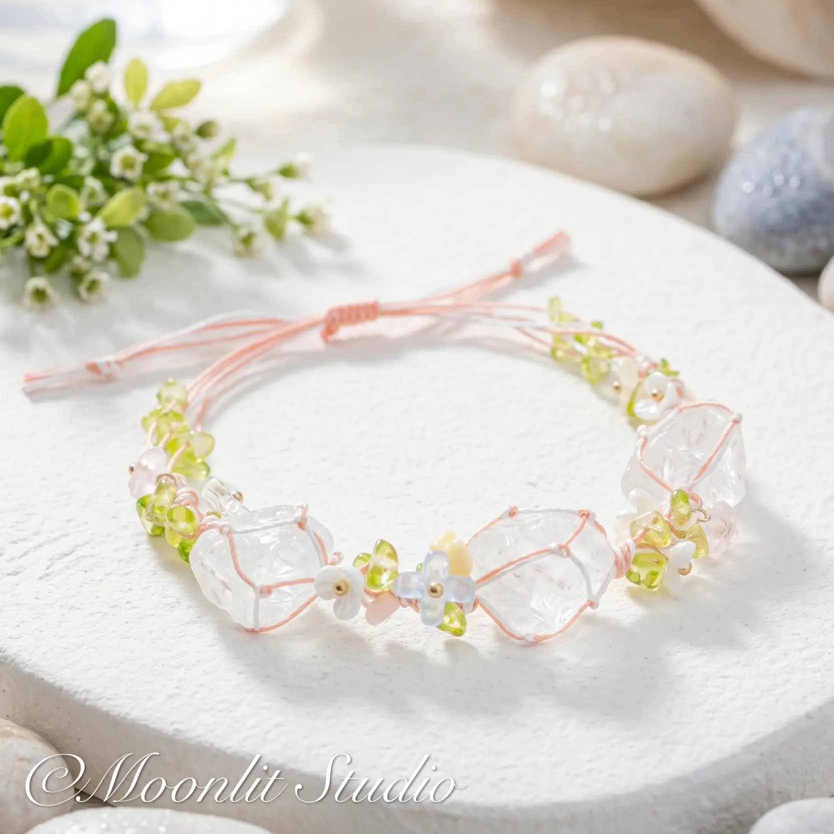 Hand-Woven Floral Crystal Bracelet | Adjustable Macrame Fairycore Bangle | Clear Quartz Style Boho Jewelry
