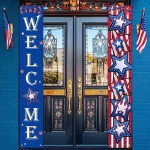 American Flag Porch Banner Set, & Blue Star Welcome Sign, Durable Polyester Fiber, Outdoor/indoor Use, July 4th Decoration