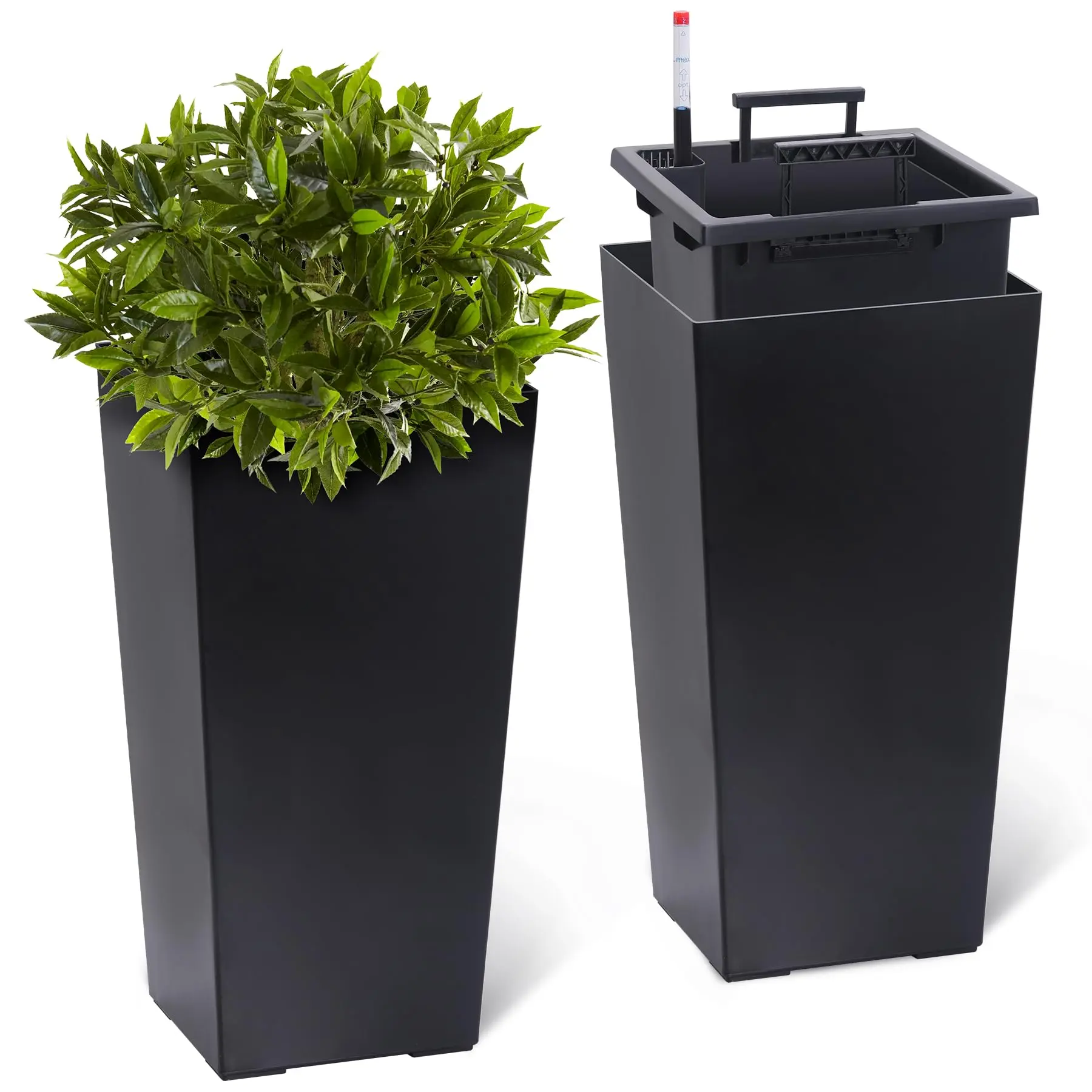 GAOMON 23" Black Diamond Tapered Black Planters (Set of 2) - Modern Large Planters, Home Decoration Modern Plant Pots with Hidden Handle, Built-In Drainage, Auto-Water System, Trays, Water Level Monitor, Inner Bucket for Indoor-Outdoor Use