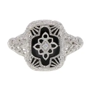 Antique Victorian Style Black Onyx 925 Sterling Filigree Ring Size 8 with Custom Round Genuine Diamond Center
