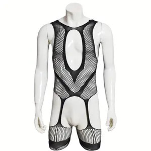 V03 Men's Stretchy Fishnet Bodysuit - See-Through Mesh Lingerie for Men, Breathable & Elastic Fabric, Date Night, Anniversary & Valentine's Day Gift for Him/Her Fishnet Lingeries Fish Net Underware NetLingeries soft charm Punk Leather Waist Chain Belt Set