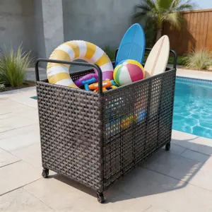 Rattan Pool Float Storage Organizer with Mesh Rolling, 2-Side Handles, Outdoor Bin for Pool Noodles & Toys