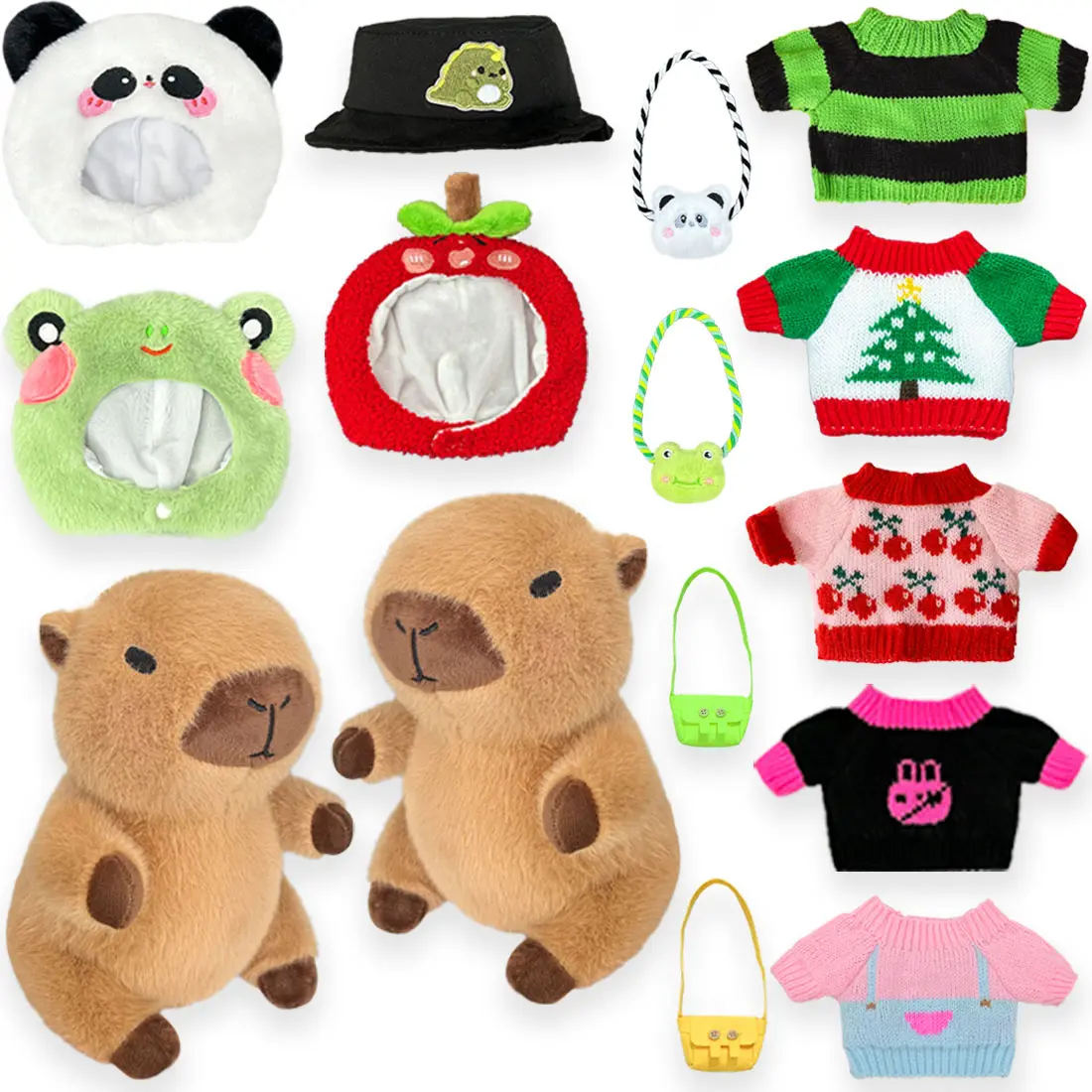 2 squishy Capybara Plush with 12/13 pcs Clothes & Accessories, Dress Up Capybara Stuffed Animal Plush Toys, 10.2 in Cute Plushies for Girl/Boy Birthday baby huggable kids