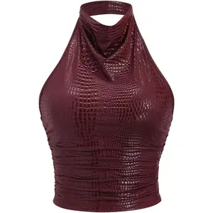 Floerns Women's Y2k Sexy PU Letter Halter Tops Draped Backless Sleeveless Ruched Concert Club Going Out Tops