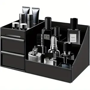 Men's Cologne Organizer with Drawers, Bathroom Storage Station for Skincare, Perfume, and Toiletries, Modern Plastic Beauty Organizer Box