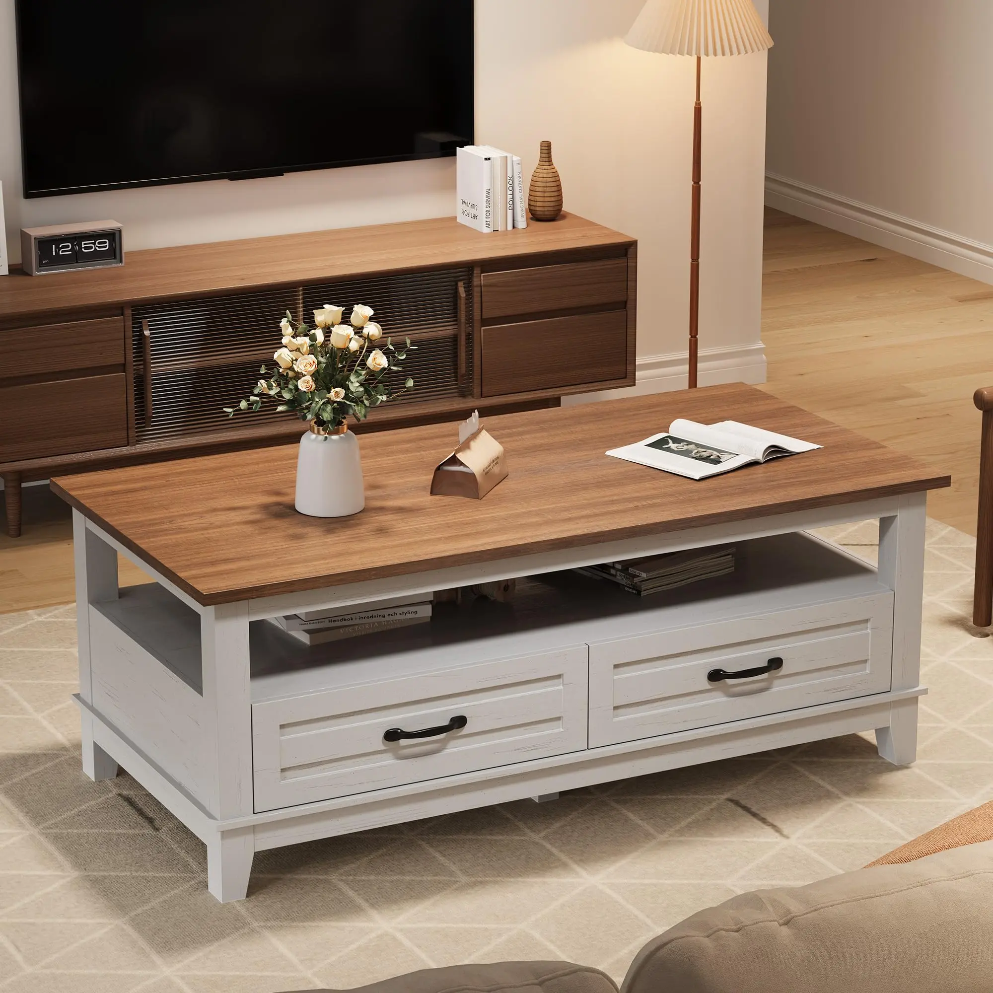 YJ-Garvee Farmhouse Coffee Table, 47.2” Rustic Center Table with Drawers, Open Shelf, and 6 Support Legs, Large Living Room Table with Ample Storage Space，Brown and white color blocking