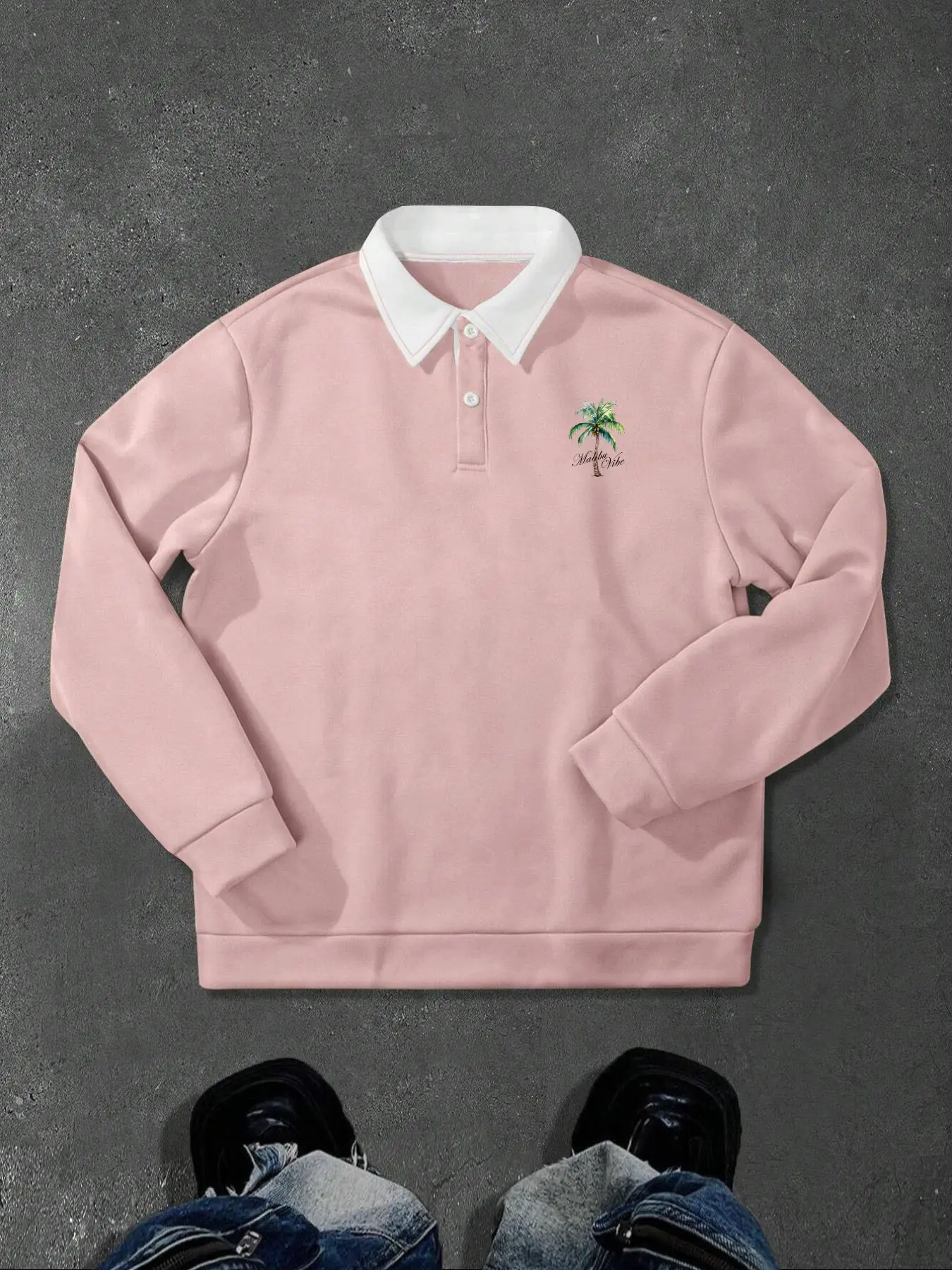Men's Autumn Winter Graphic Letter Coconut Tree Print Half Button Polo Collar Long Sleeve Knit Sweatshirt, Casual Outdoor Pullover, Fitted Style, Moderate Fabric Thickness, Knitwear, Knitted Polo Sweater