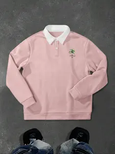 Men's Autumn Winter Graphic Letter Coconut Tree Print Half Button Polo Collar Long Sleeve Knit Sweatshirt, Casual Outdoor Pullover, Fitted Style, Moderate Fabric Thickness