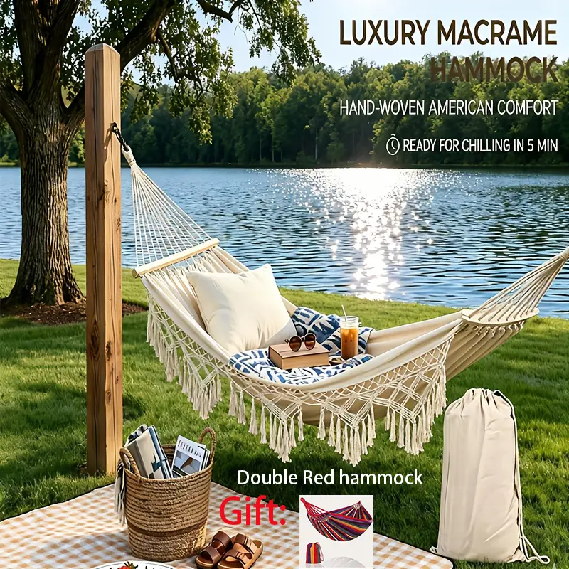 Polyester Fringed Outdoor Hammock - Sturdy 2-Person Heavy-Duty Design with Wooden Spreader Bars, Thick Ropes, Anti-Rollover Feature, Portable for Patio, Camping