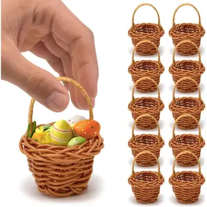 10Pcs Mini Small Easter Woven Wicker Baskets with Handle Bulk for Favors, Home Office Decor and Floral Arrangements