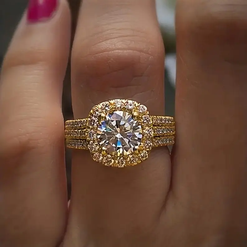 Women's Solitaire Halo Engagement Ring - Cushion Halo, 3-Row Pavé Set Cubic Zirconia Band, High Brilliance Romantic Anniversary Jewelry Rings, Solitaire Halo Ring, Triple-Row Pavé