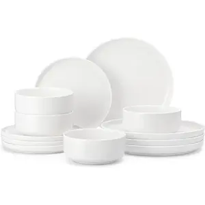 Plates and Bowls Sets, 12 Pieces Porcelain Dinnerware Sets Dishware Sets Chip Resistant Ceramic Dish Set Dining Dinner Ware Service for 4, White, Series LUNA
