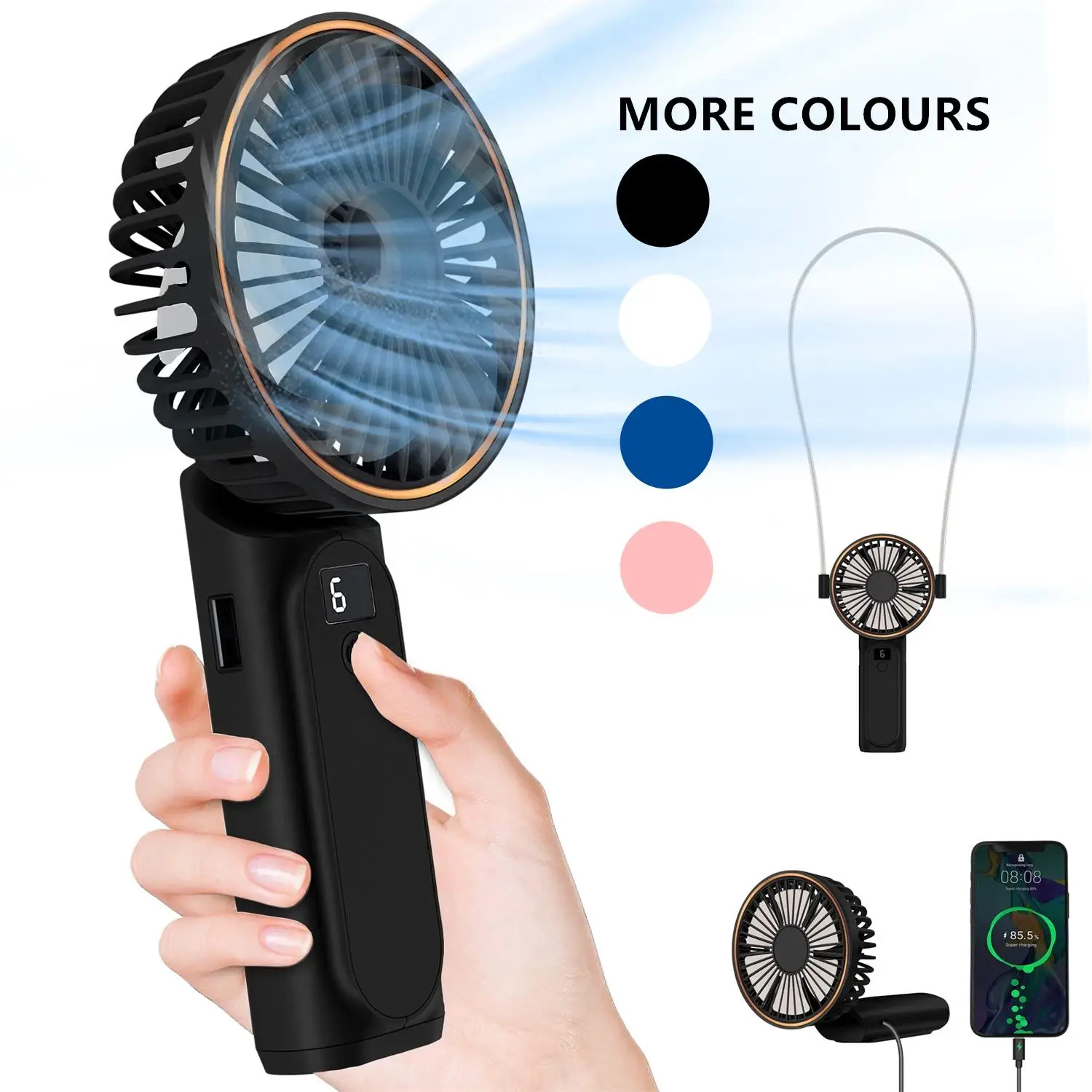 Portable Handheld Fan, USB Rechargeable Foldable Fan with 6 Wind Speeds, Quiet Personal Fan for Home Office Outdoor
