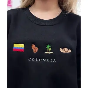 Colombia Embroidered Sweatshirt – Unisex Black Crewneck with Sombrero Vueltiao, Coffee Zone & Andes Icons, Cozy Latin Heritage Gift