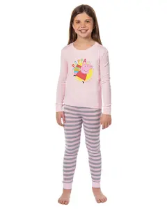 Peppa Pig Girls Pink and Grey Striped Pajamas Shirt and Pant Tight Fit Set