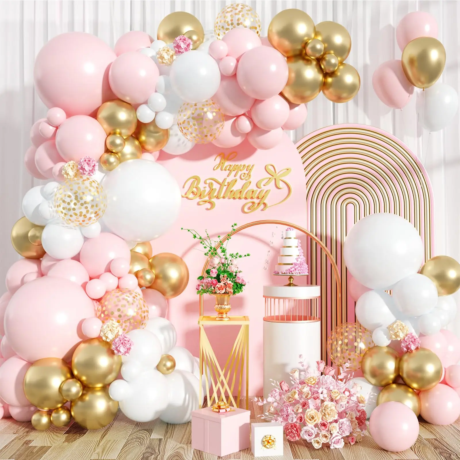 Retro Blush Pink Pastel Macaron Balloons Garland Arch Kit with Rose Gold Chain, Balloon Arch Backdrop for Girls’ Birthday, Wedding Party Decorations, Birthday Theme Balloons