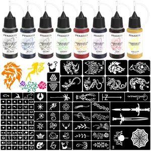 Temporary Tattoo Kit 8 Bottles Color Temporary DIY Tattoo Ink,105 Pcs Stencils Kit for Body Paint Fake Tattoos for Kids&Women (Black,Red,Green,Blue,Yellow,Purple,Brown,Orange)